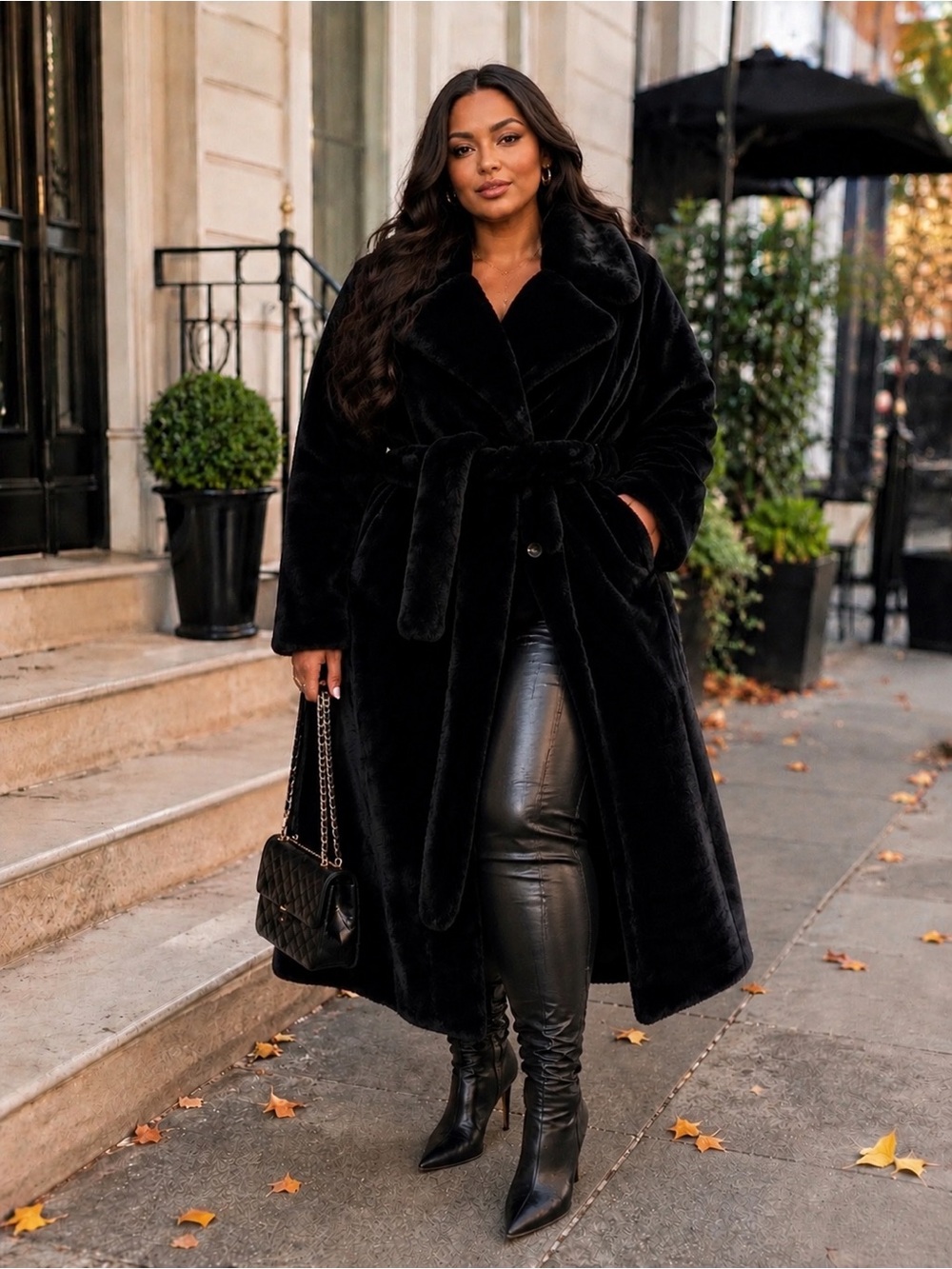 NEW Good American Black Faux Fur Coat with Belt – Size 2XL